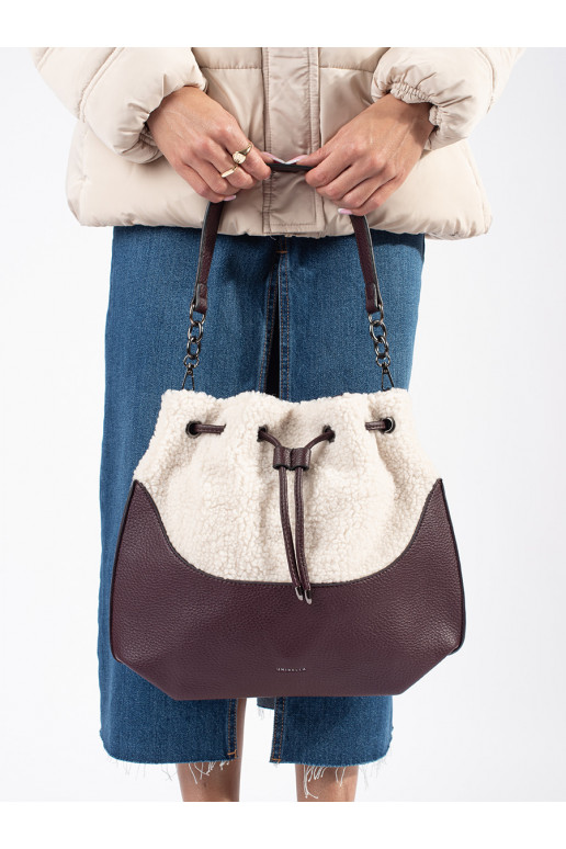 Dark Brown elegant handbag with fur typu baranek