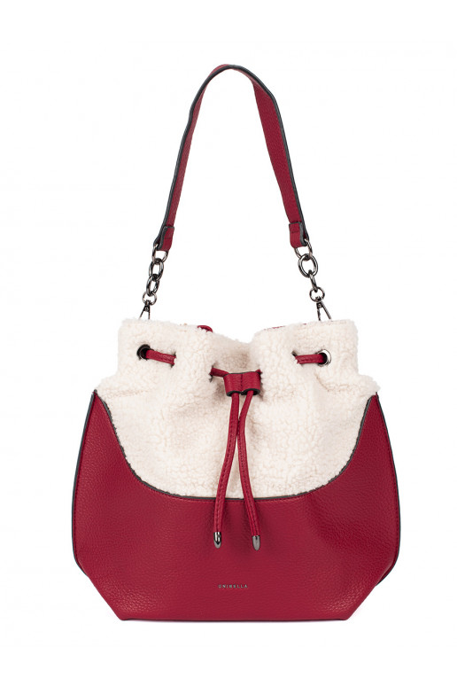 Red elegant handbag with fur typu baranek