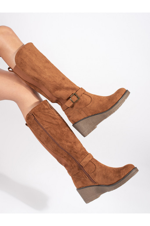 of suede Brown color long boots on a wedge