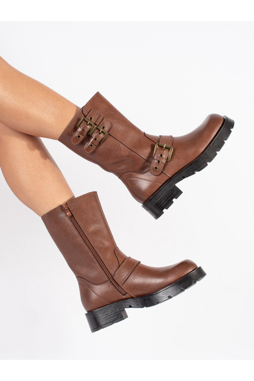 Brown color leather women's boots with platform ozdobione paskami Sergio Leone