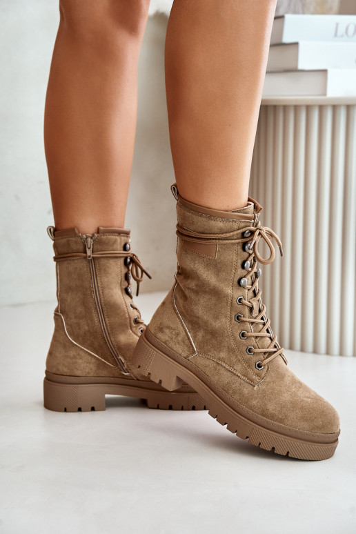 Women s Worker Boots With Zipper Made Of Eco Suede Dark Beige Savalann