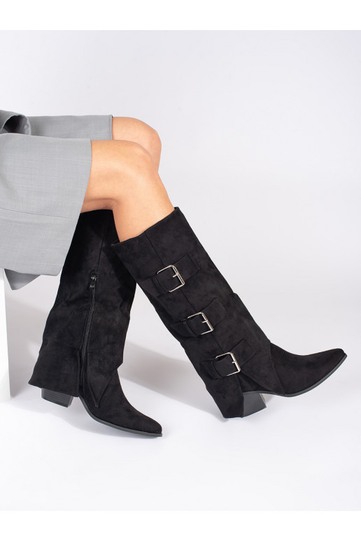 black of suede Women's boots on the heel with buckles