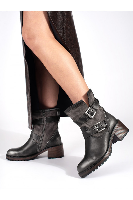 dark brown metallic women's boots on highheels with buckles