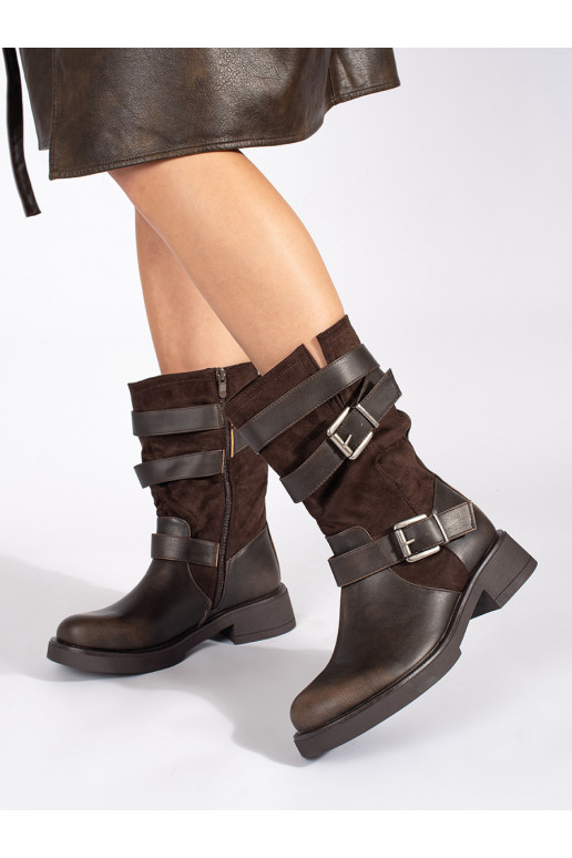 Brown color women's boots on a low heel with buckles