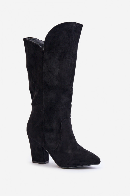 Knee High Heeled Boots Made Of Eco Suede Black Clorira