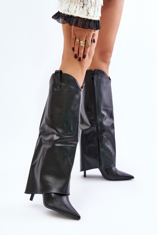 High Heeled Boots With Rolled Up Shaft Black Bellinna