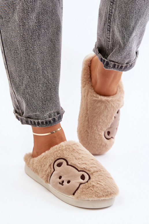 Women's Furry Slippers With Bear Beige Fiorinella