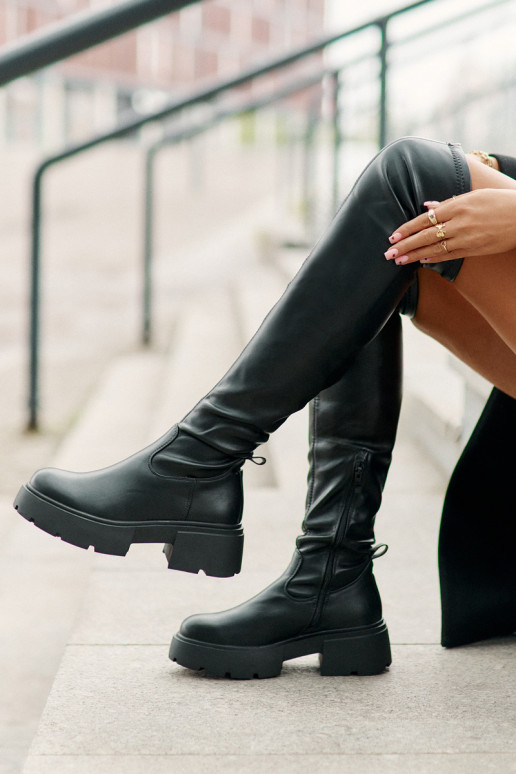 Knee High Platform And Flat Heel Boots Made Of Eco Leather Black Loreviana