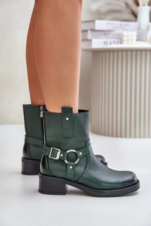 Zazoo 60480 Leather Ankle Boots With Low Heel Insulated Dark Green