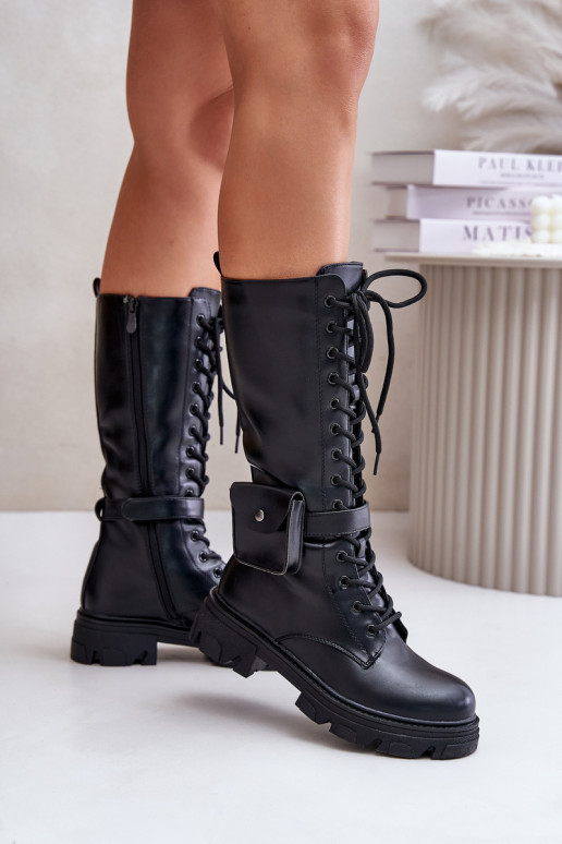 Insulated combat boots up to mid-calf with pouch black Temisza