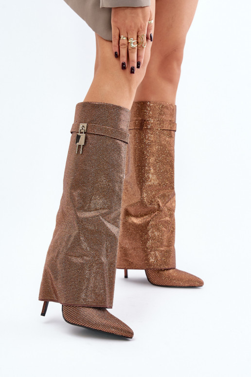 Embellished Slip-On Stiletto Boots with Turned Cuff Brown Enathlin