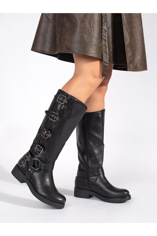 black long boots jackboots on a low heel with buckles