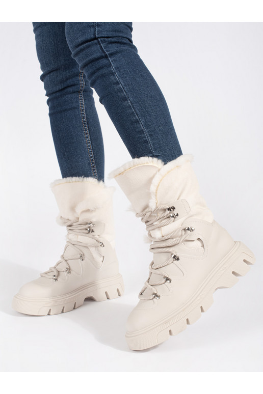 beige laced Women's snow boots with fur with platform