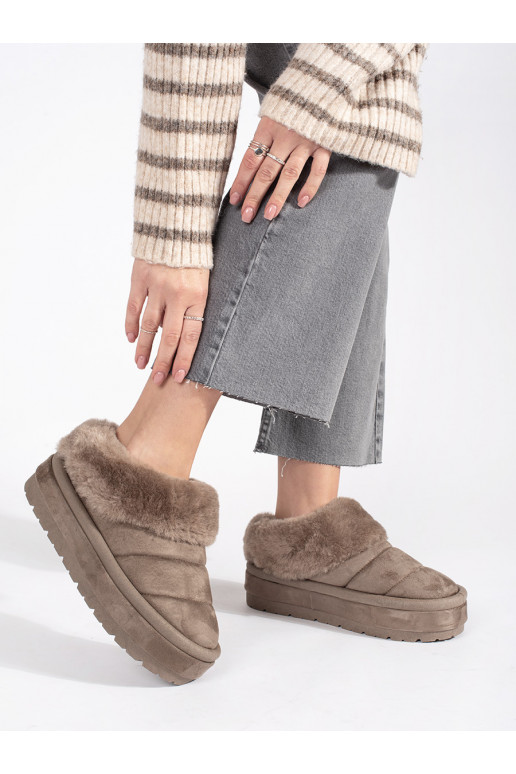 beige low slip-on Women's snow boots with fur