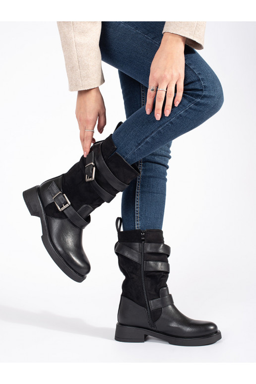 black women's boots on a low heel with buckles