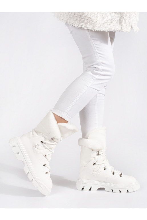 White color laced Women's snow boots with fur with platform