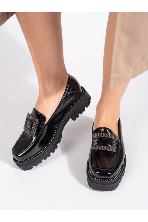 Moccasins black womens with platform ozdobione klamrą i cyrkoniami