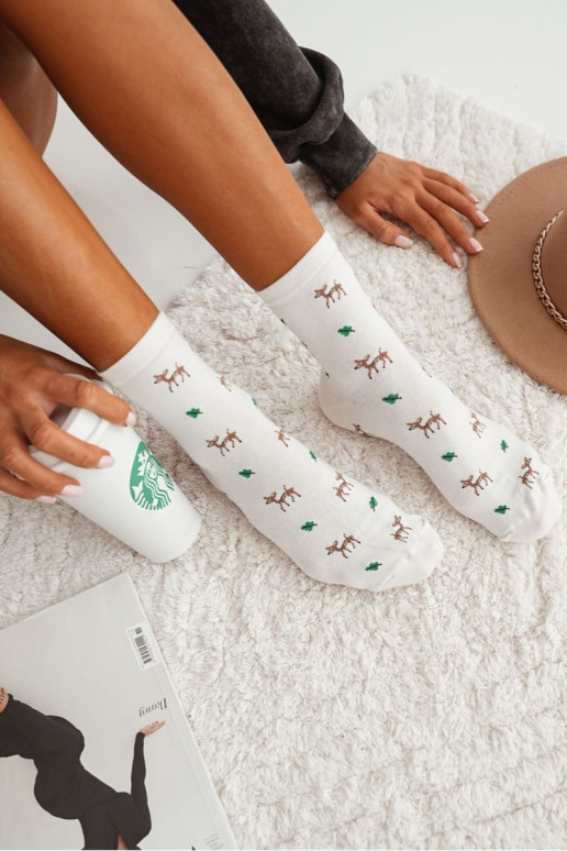 Cotton Women's Socks With Deer White