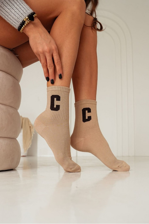 Ladies Cotton Socks With Letter C Beige