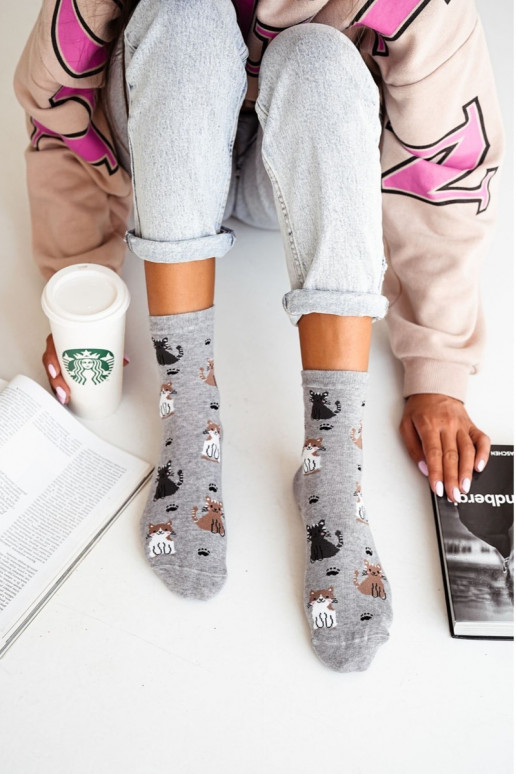 Women's Cotton Socks With Cats Grey