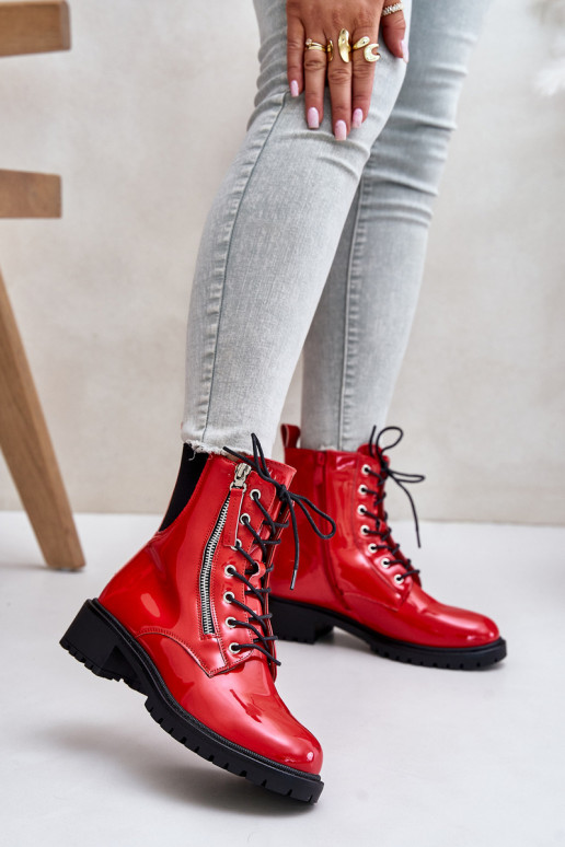 Lacquered Worker Boots With Zipper Insulated Red Ravanthia