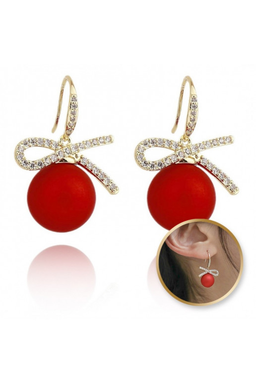 Dangling earrings, efektowne red Kule withkokardami, cyrkonie K1689