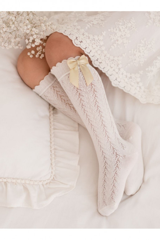 Cotton Children's Knee High Socks With Lace And Bow Ecru