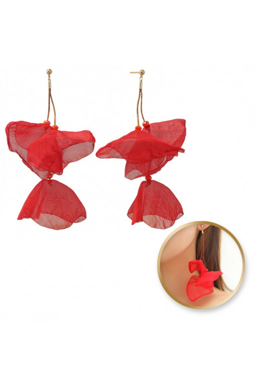 Dangling earrings, efektowne tiulowe withkoralikami, 13cm red K1687