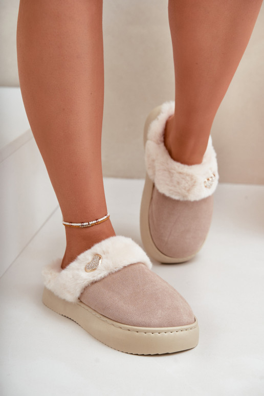 Women's Slippers With Fur And Decorative Heart Beige Otielo