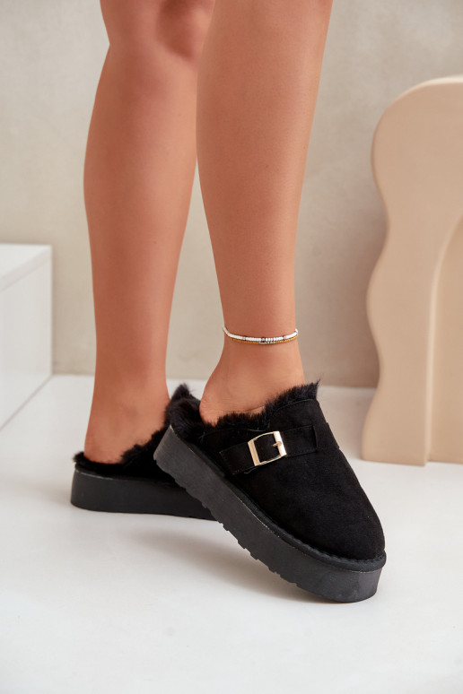 Women's Slippers On Thick Sole With Fur And Buckle Black Linneola