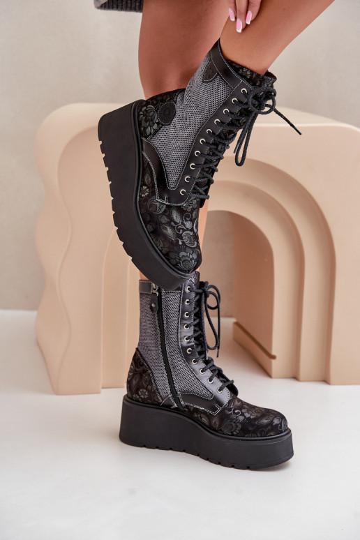 Leather Ankle Boots On Platform And Wedge With Patterned Upper Maciejka 06720-01 Black