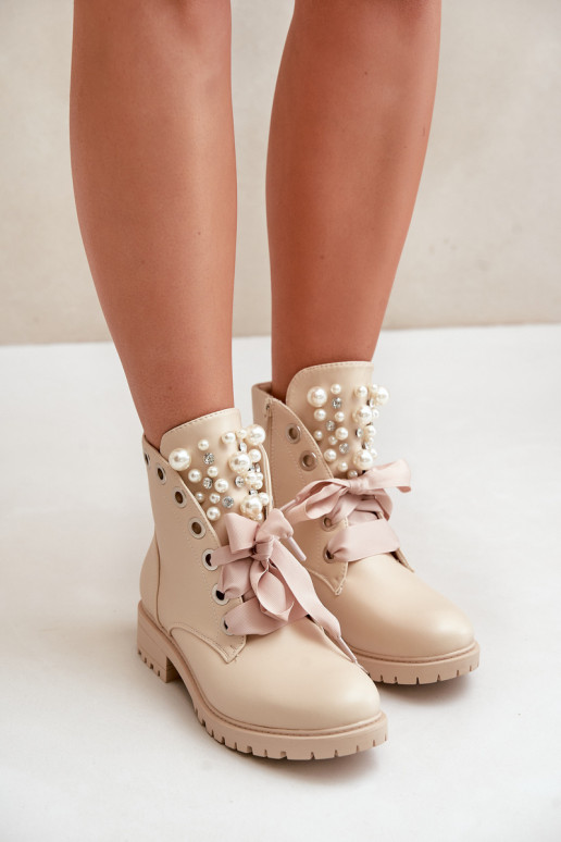 Beige Boots With Pearls, Rhinestones And Ribbon Nudago