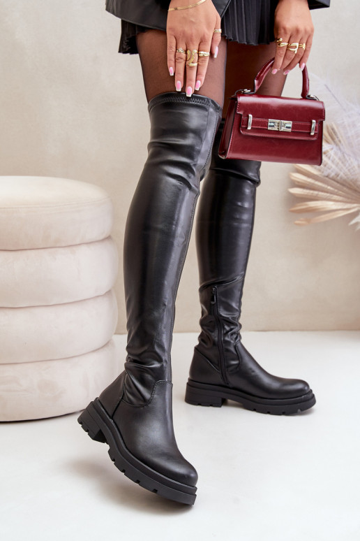 Eco Leather Knee High Boots With Flat Heel Black Santira