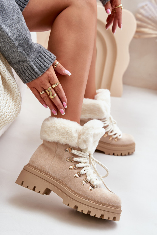 Lace-Up Women's Ankle Boots with Fur Light Beige Vaminia