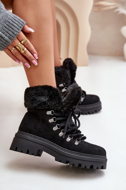 Lace Up Women's Boots With Fur Black Vaminia