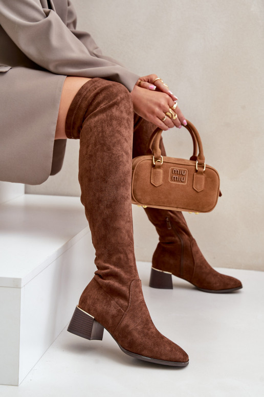 Block Heeled Knee High Boots From Eco Suede Brown Galadi