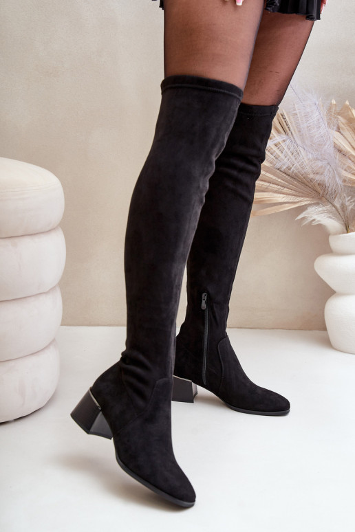 Heeled Knee High Block Boots Made Of Eco Suede Black Galadi