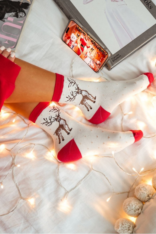 Women's Christmas Socks With Reindeer And Dots Ecru