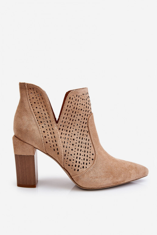 Fashionable Suede Openwork High Heel Boots Beige Genevi