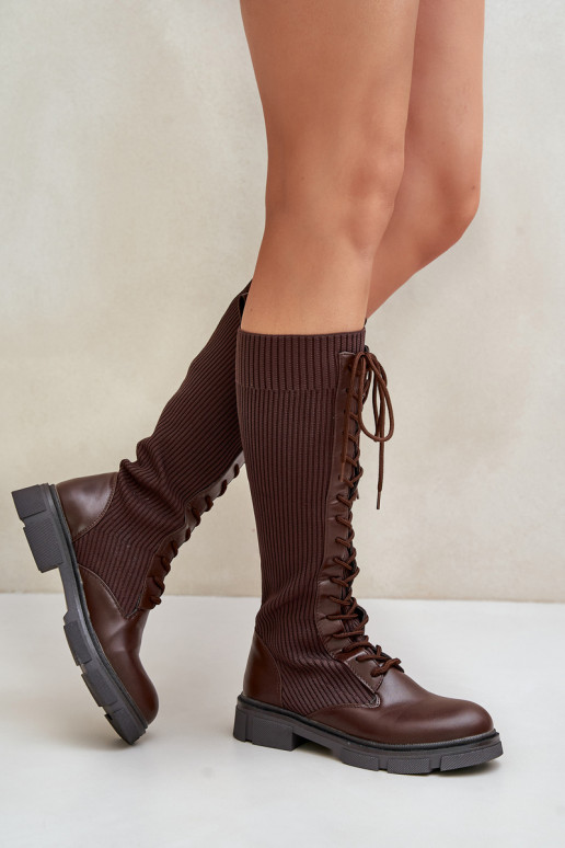 Laced Boots With Elastic Shaft Brown Vamilena