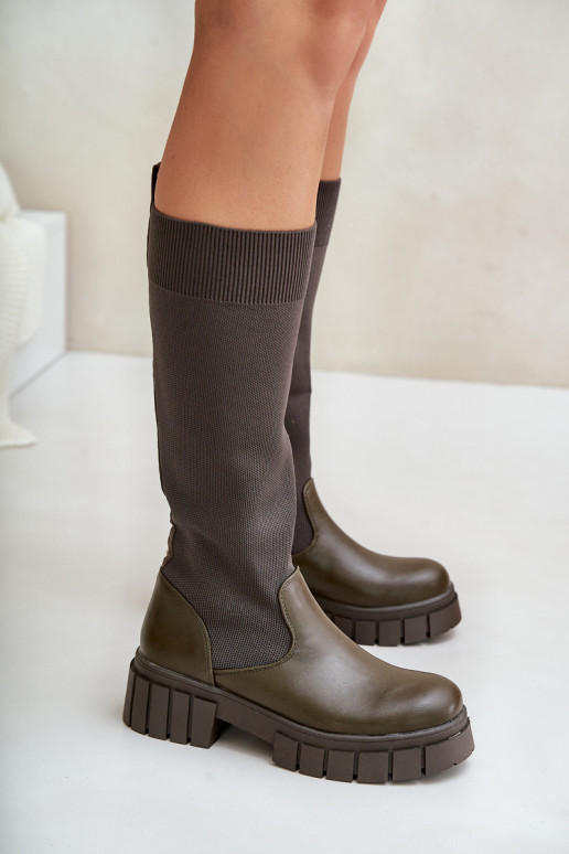 Knee Boots With Elastic Shaft On Flat Heel Light Beige Mesidra