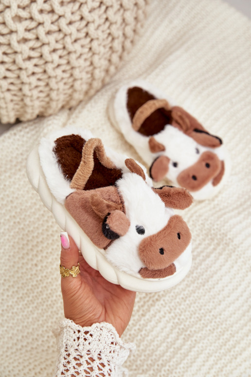 Children's Furry Slippers With Cow Motif Brown Tamorrin