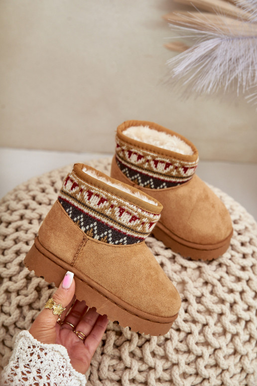 Slip On Snow Boots For Kids With Patterned Insert Lined With Fur Camel Mirirae