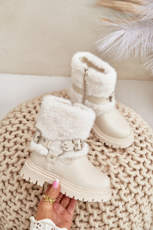 Eco Leather Girls Ankle Boots With Fur And Buckles Beige Cartemes