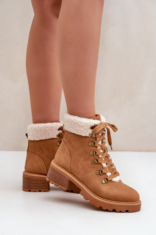 Women's Ankle Boots With Sheepskin On Low Heel Camel Brenneth