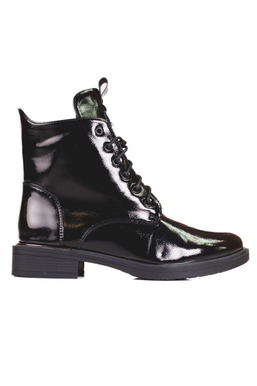 with laces women's boots black made of patent ecological leather