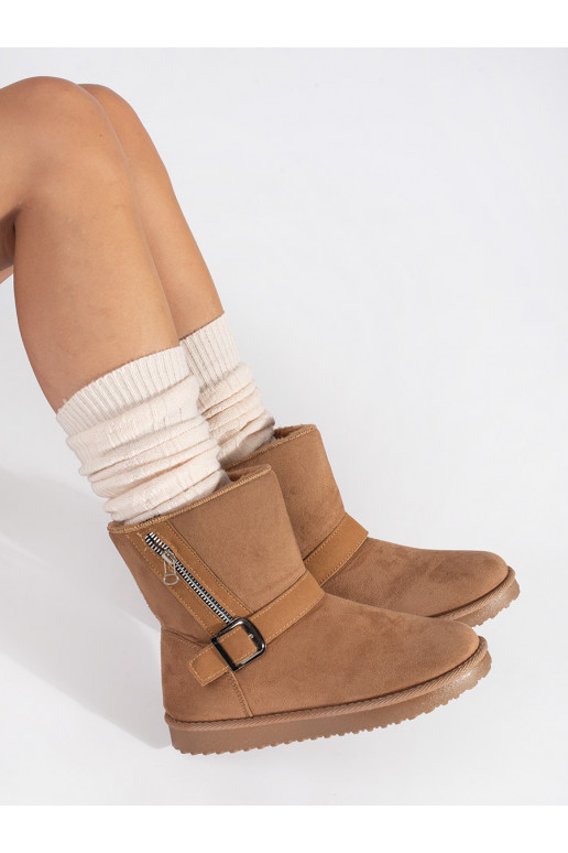 beige Women's snow boots with a decorative buckle i zamkiem