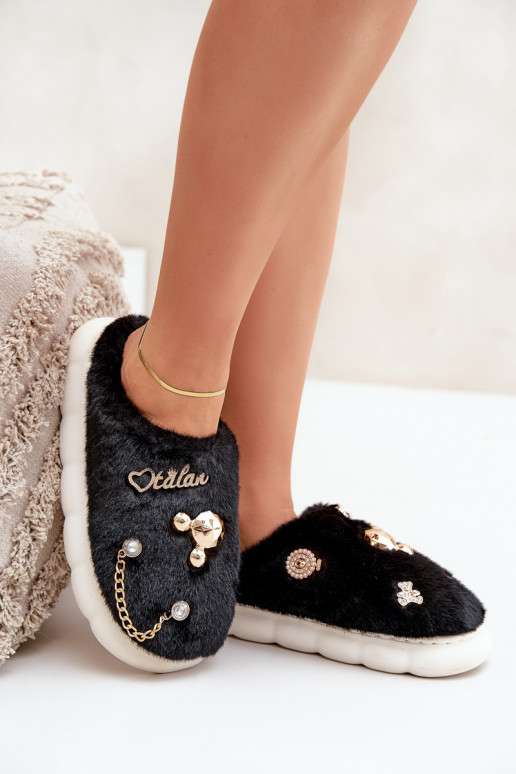 Furry Slippers With Bows Black Ivelfedi