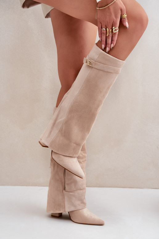 Women Knee High Heeled Boots Light Beige Portora