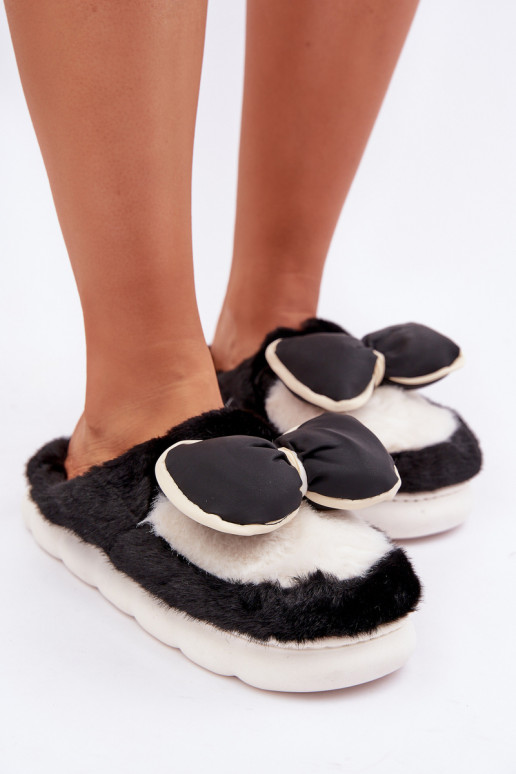 Furry Slippers With Bow Black Grilis